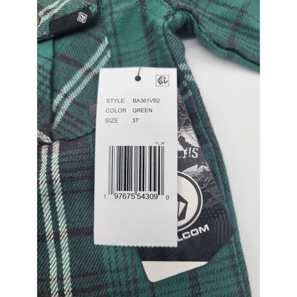 VOLCOM Todder Boys 3T Caden Plaid Long Sleeve Snap Button Shirt NWT Sea Green - Picture 3 of 7